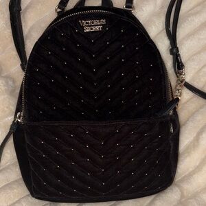 Victoria's Secret Black Quilted Velvet Mini Backpack with Gold Studs
